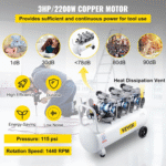 VEVOR stille luchtcompressor 100 L – 3 PK, olievrij, 8 bar, 495 L/min – koperen motor – Image 3